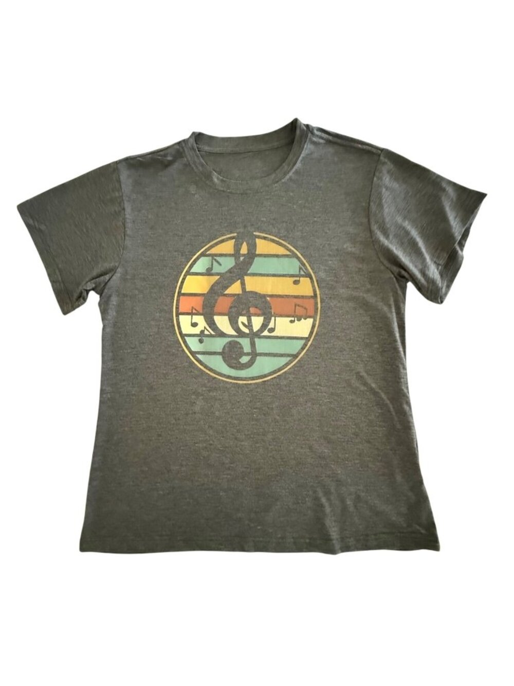 Music Notes Shirt Size L Retro Treble Clef Graphic Tee Gray